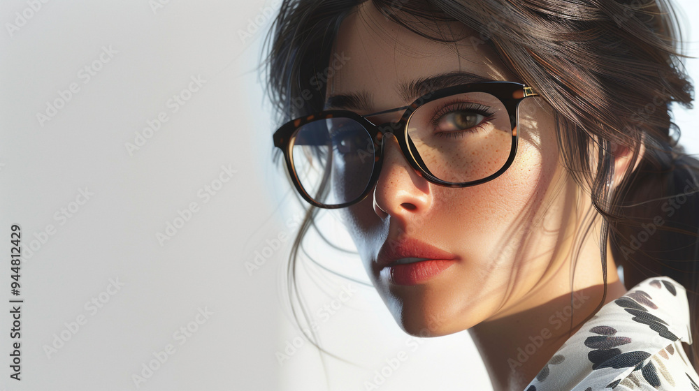 Elegant Woman in Glasses with a Thoughtful Expression. A young woman with glasses gazes thoughtfully, showcasing her elegant features and expressive eyes in a soft light. Elegant Woman in Glasses with a Thoughtful Expression. A young woman with glasses gazes thoughtfully, showcasing her elegant features and expressive eyes in a soft light.
