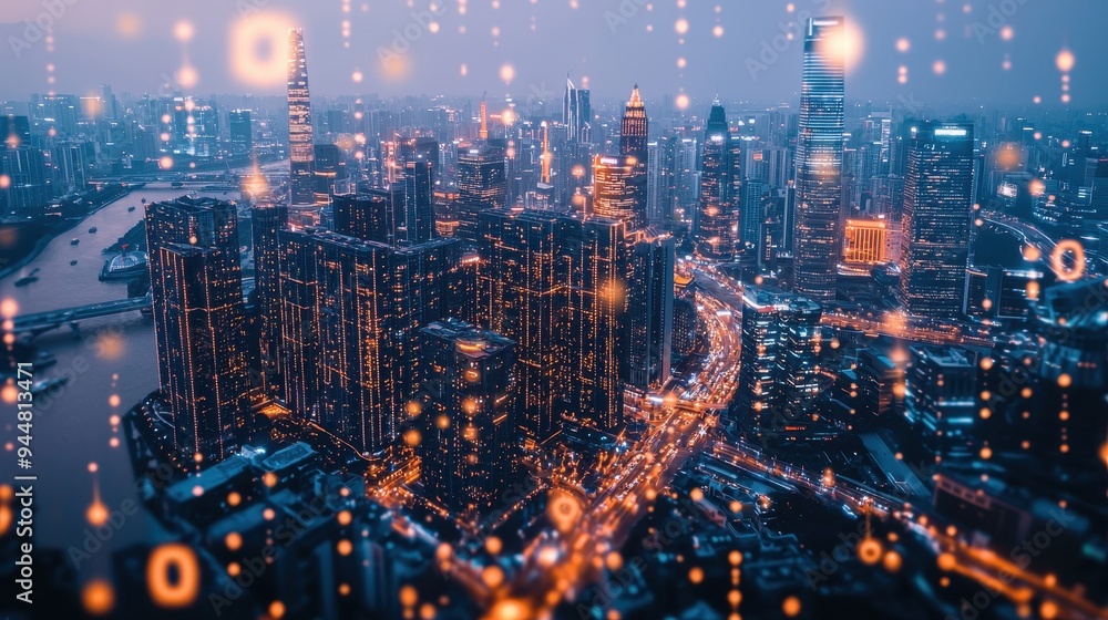 Cityscape with Bokeh Lights at Night Aerial View Cityscape with Bokeh Lights at Night Aerial View