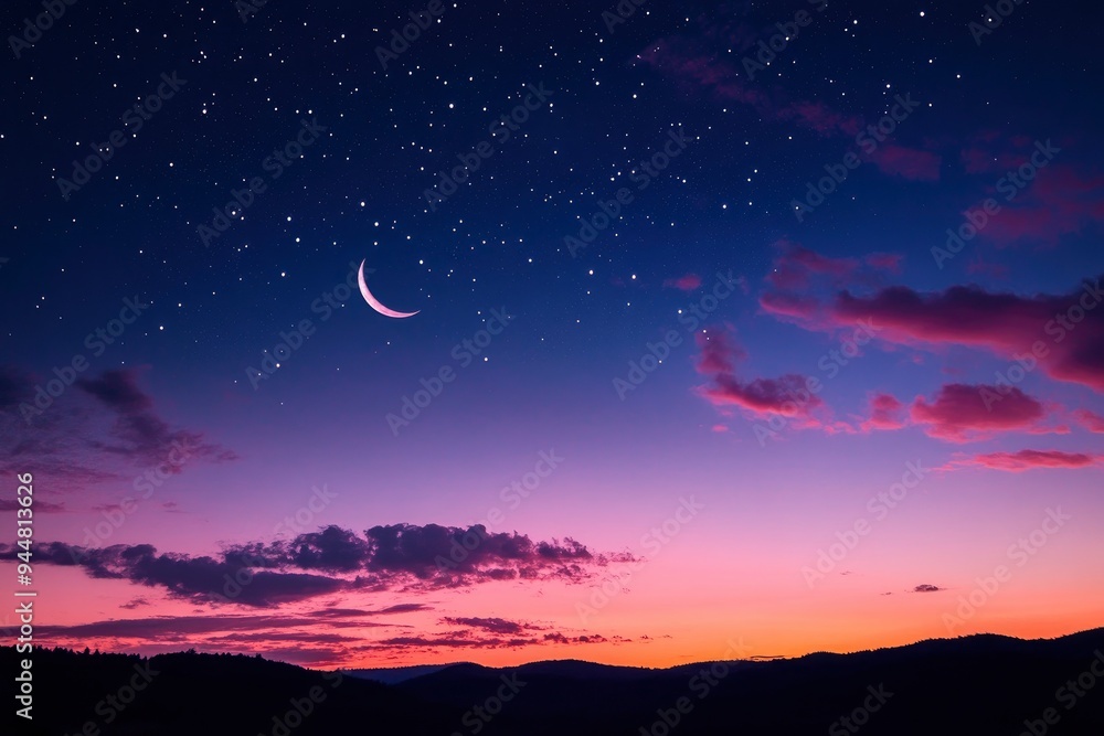 Sky night stars and moon, islamic night, sunset, twilight with generative ai Sky night stars and moon, islamic night, sunset, twilight with generative ai