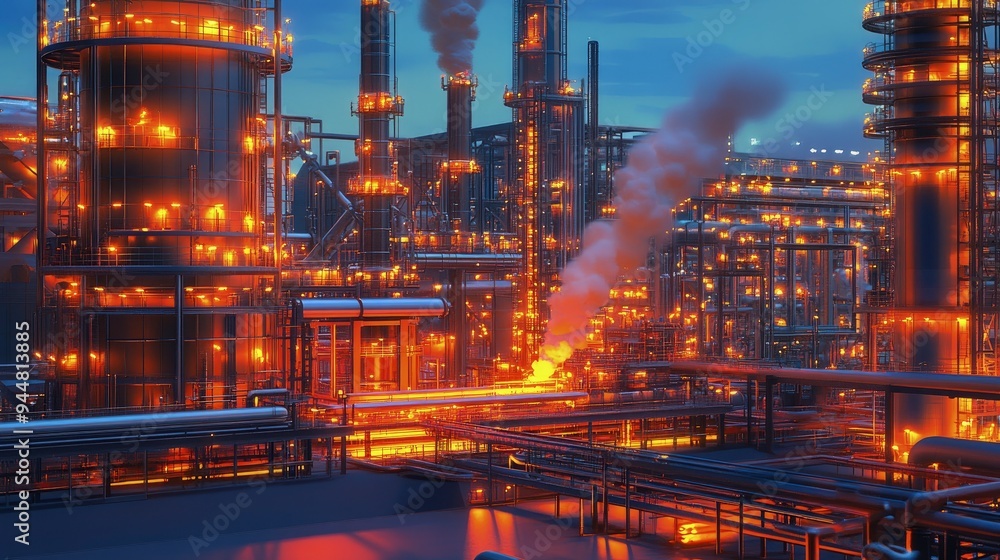 Close-up of crude oil being refined, with steam and pipes, in an industrial setting Close-up of crude oil being refined, with steam and pipes, in an industrial setting