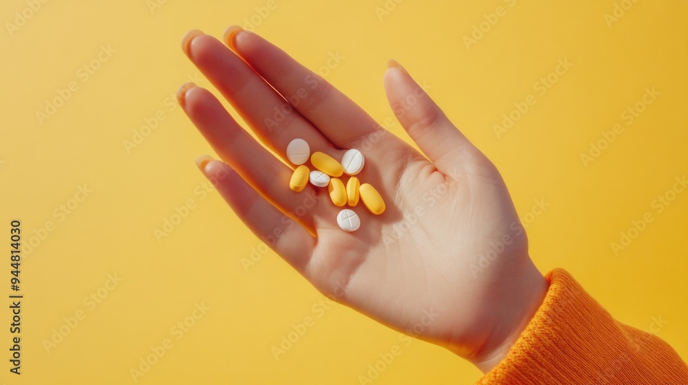 Top view of woman's hand taking pills from his palm to take medicine or antibiotics, pharmaceutical preparation, pharmaceutical product Top view of woman's hand taking pills from his palm to take medicine or antibiotics, pharmaceutical preparation, pharmaceutical product