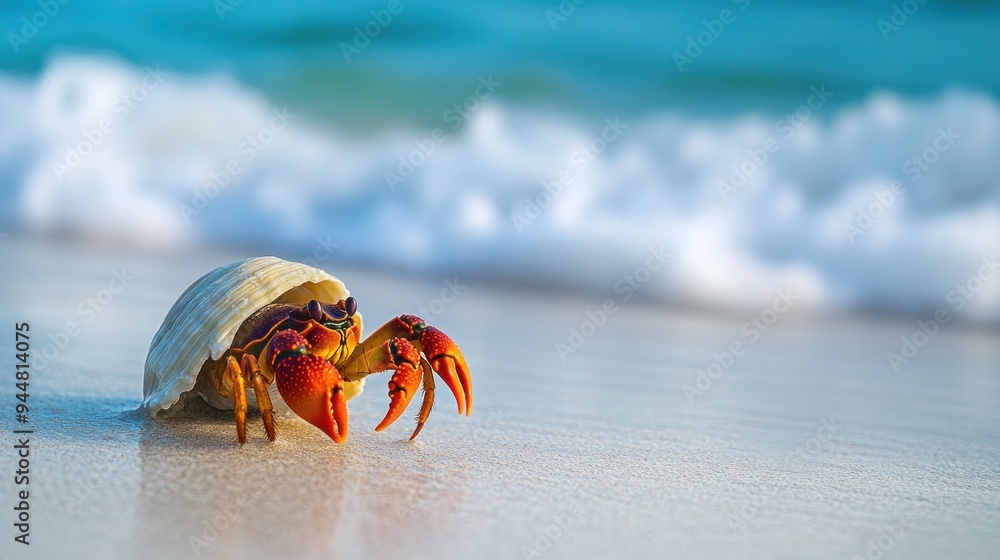 Vibrant hermit crab on soft white sand, surrounded by the soothing waves of a tropical beach Vibrant hermit crab on soft white sand, surrounded by the soothing waves of a tropical beach