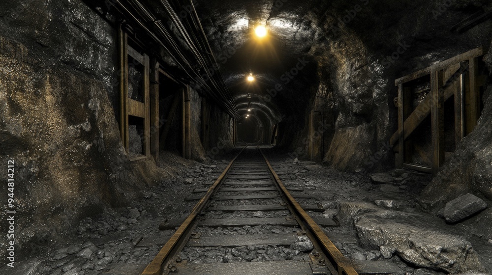 Naklejka premium Coal mine, dark tunnels, rough textures, with a single light source