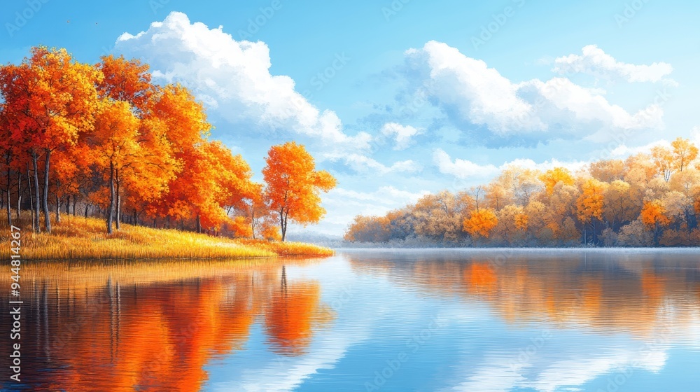 Autumn Landscape with Lake Trees and Clouds Autumn Landscape with Lake Trees and Clouds