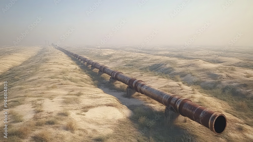 Crude oil pipeline, stretching across the landscape, under harsh light Crude oil pipeline, stretching across the landscape, under harsh light