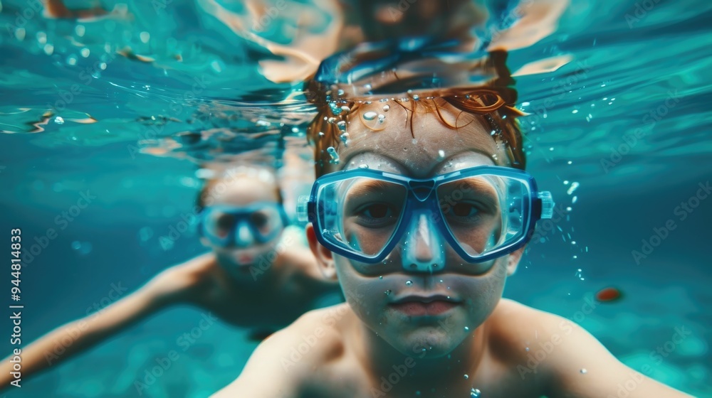 Fototapeta premium A delightful scene of children swimming and diving underwater playing games and exploring the refreshing blue waters with a sense of unbridled joy and adventure