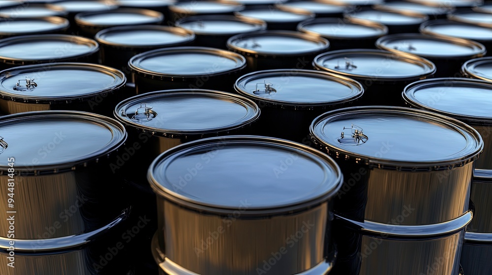 Crude oil barrels, stacked in an industrial setting, under harsh light Crude oil barrels, stacked in an industrial setting, under harsh light