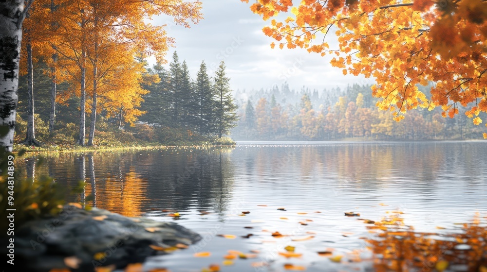 Obraz premium Tranquil Autumn Lake with Golden Leaves and Reflections