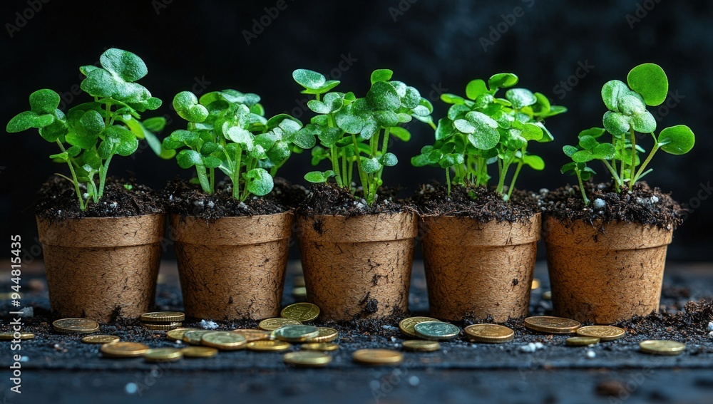 A row of seedlings in pots, representing growth and potential. A row of seedlings in pots, representing growth and potential.