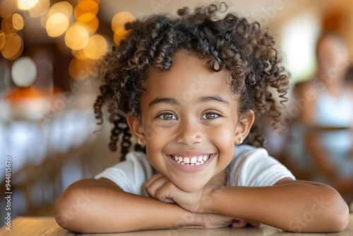 Wallpaper Mural Young girl smiles brightly while resting her chin on her hands in a lively indoor setting Torontodigital.ca