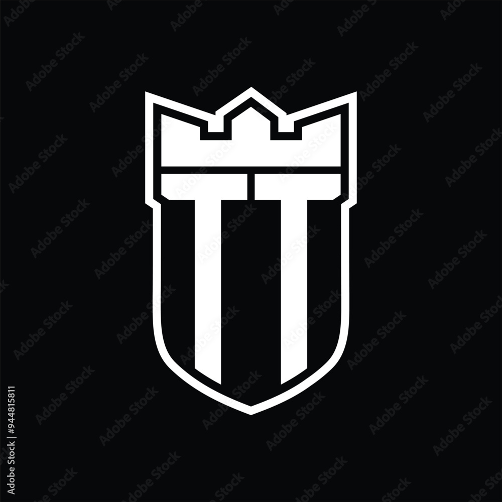 TT Logo shield shape with geometric crown inside white outline on black background template design TT Logo shield shape with geometric crown inside white outline on black background template design