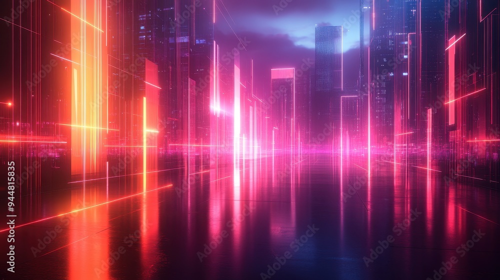 Neon Cityscape with Pink and Orange Glowing Lines Neon Cityscape with Pink and Orange Glowing Lines