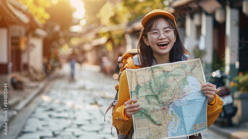 Asian Teen Looking at a Map While Traveling - Concept of Exploration and Adventure