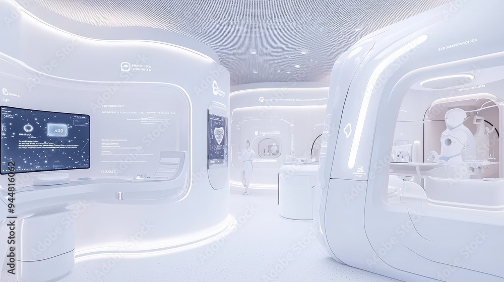 Futuristic White Interior Design with Robot and Screens Futuristic White Interior Design with Robot and Screens