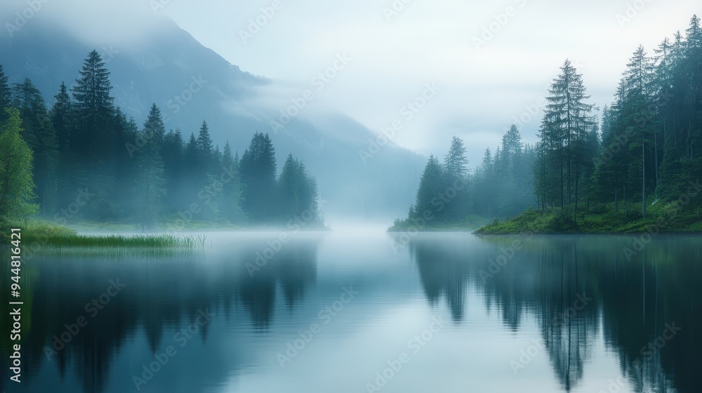 Misty Mountain Lake with Reflections Misty Mountain Lake with Reflections
