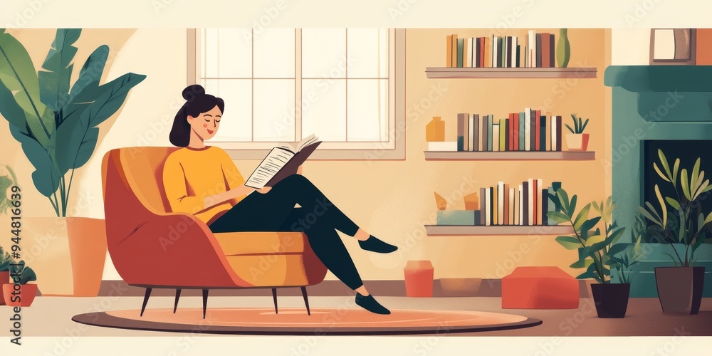 Fototapeta premium Professional enjoying personal time at a cozy home lounge reading a book after work a perfect work-life balance