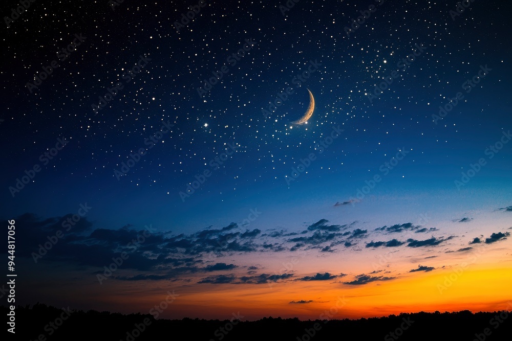 Sky night stars and moon, islamic night, sunset, twilight with generative ai Sky night stars and moon, islamic night, sunset, twilight with generative ai