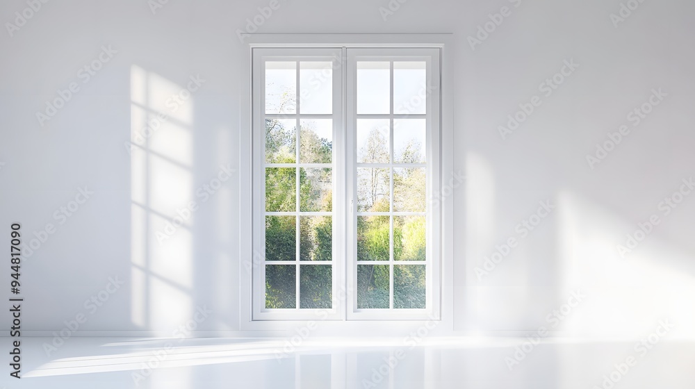 45. **A stylish French window with divided panes and a white frame, displayed on a pristine white background. 45. **A stylish French window with divided panes and a white frame, displayed on a pristine white background.