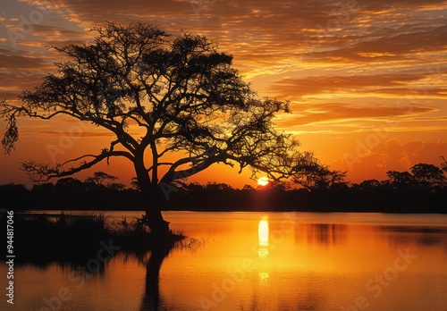 Silhouette of a Tree at Sunset Over a Lake