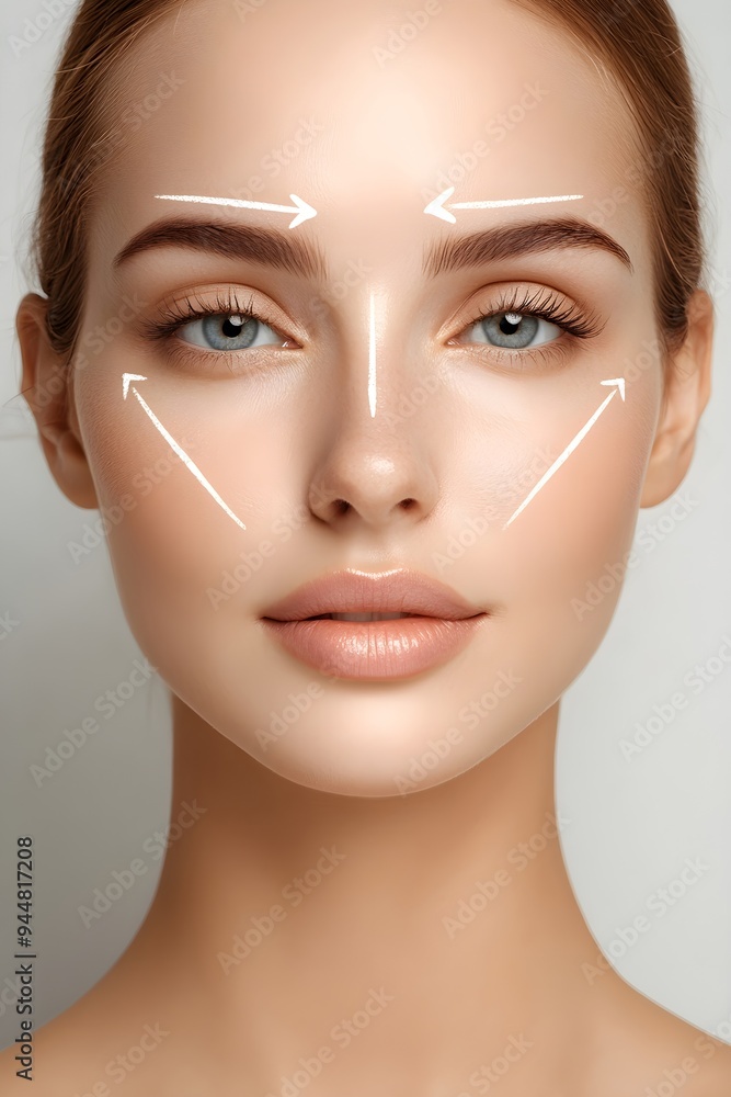 Woman with perfect skin after cosmetic treatment with lifting arrows on her face on light background with copy space. Rhytidectomy procedure, facelift surgery, anti age treatment Woman with perfect skin after cosmetic treatment with lifting arrows on her face on light background with copy space. Rhytidectomy procedure, facelift surgery, anti age treatment
