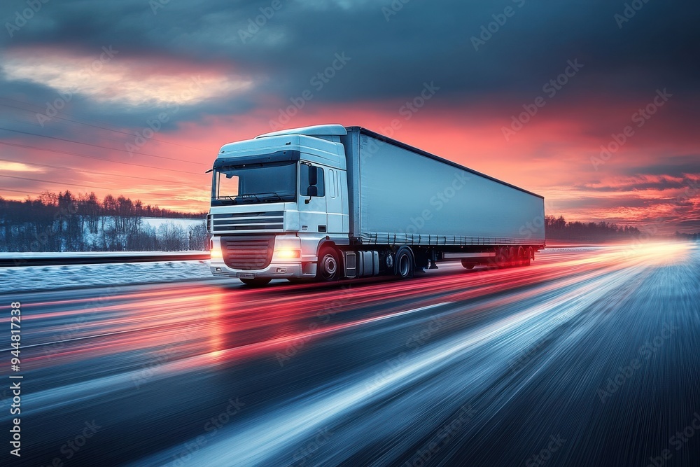 Freight Truck on Highway During Vibrant Winter Sunset Freight Truck on Highway During Vibrant Winter Sunset