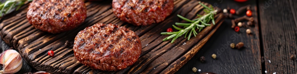 Homemade Beef Patty on a Wooden Board Surrounded by Spices and Condiments, Grilled and Prepared for Barbecue Homemade Beef Patty on a Wooden Board Surrounded by Spices and Condiments, Grilled and Prepared for Barbecue