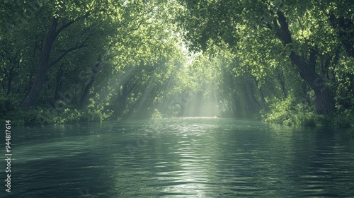 Sunlight Rays Through Trees Over Flooded Forest Path