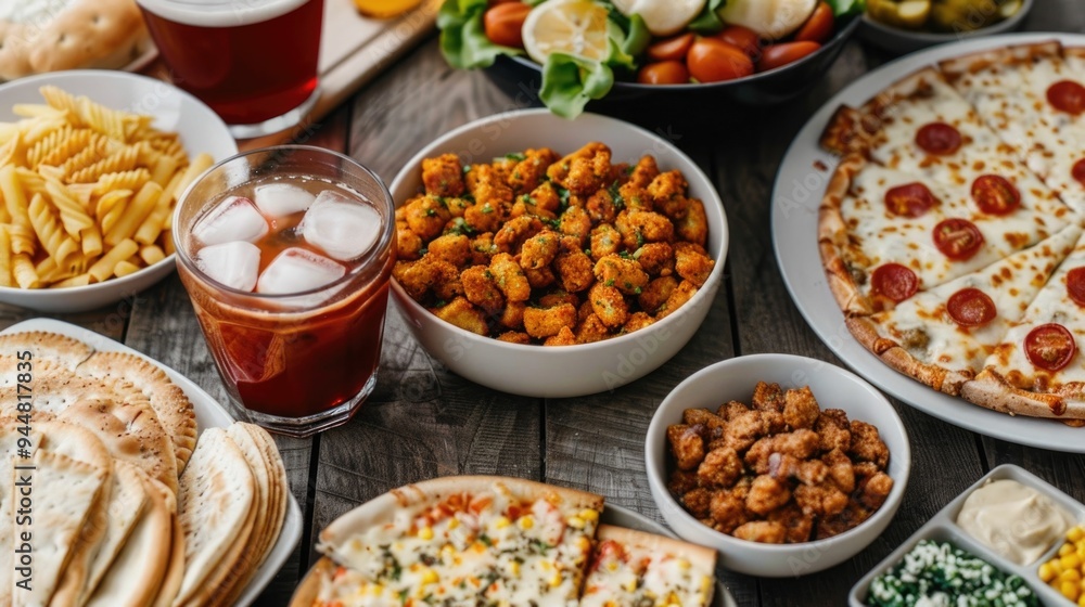 Delectable array of game day snacks and drinks including pizza nachos fries soda and other tasty treats spread out on a rustic wooden table Delectable array of game day snacks and drinks including pizza nachos fries soda and other tasty treats spread out on a rustic wooden table