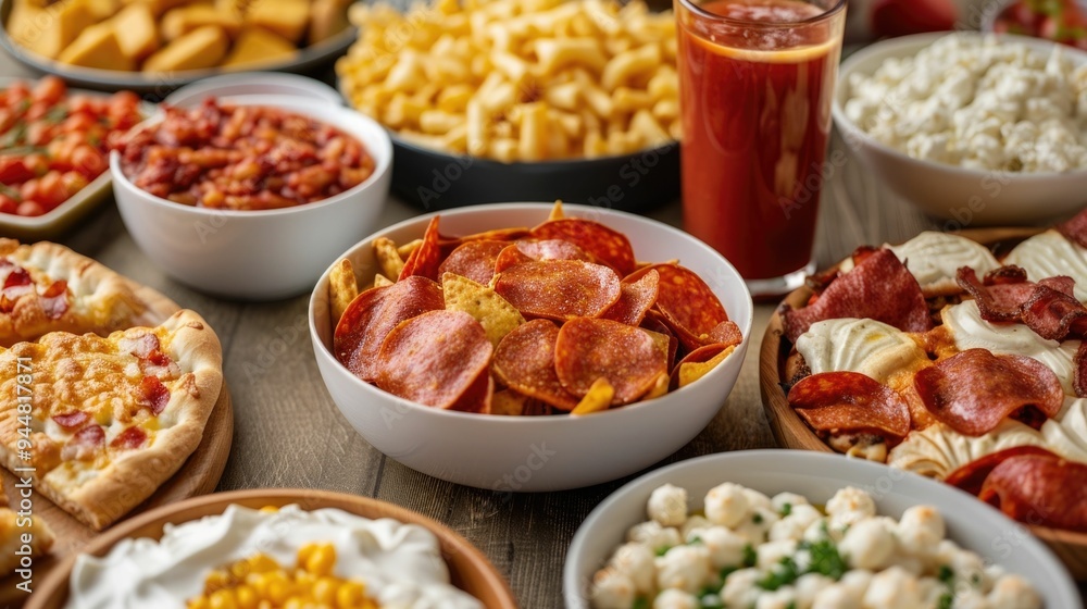 Assortment of Tantalizing Game Day Snacks and Refreshing Drinks Spread Out on a Rustic Wooden Table Creating a Mouthwatering and Inviting Scene for a Celebratory Gathering or Sports Event Assortment of Tantalizing Game Day Snacks and Refreshing Drinks Spread Out on a Rustic Wooden Table Creating a Mouthwatering and Inviting Scene for a Celebratory Gathering or Sports Event