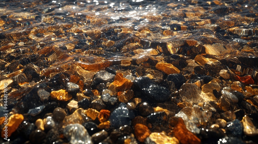 Flowing stream, with clear water and smooth stones, under dappled sunlight Flowing stream, with clear water and smooth stones, under dappled sunlight