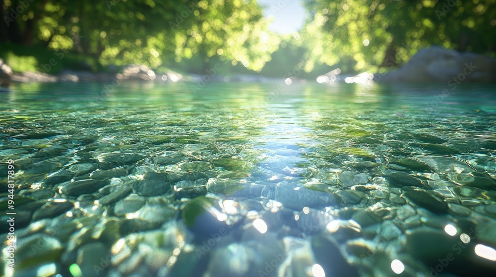 Naklejka premium Flowing river, clear water, surrounded by lush greenery, bright sunlight