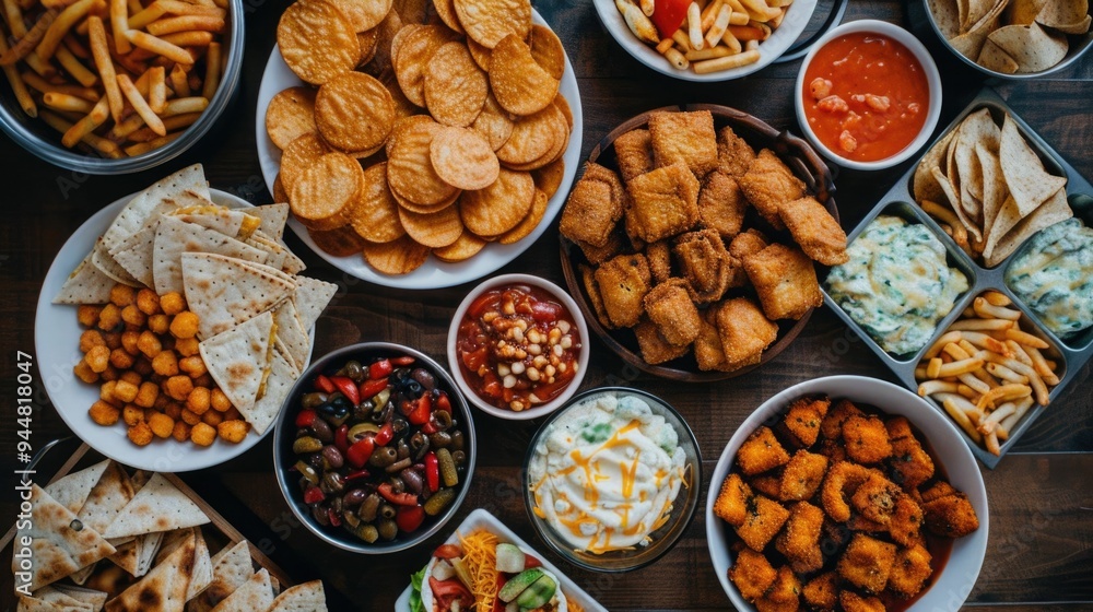 Delightful assortment of savory game day snacks and refreshing beverages displayed on a table with deep depth of field creating a cozy and inviting atmosphere for a festive gathering or Delightful assortment of savory game day snacks and refreshing beverages displayed on a table with deep depth of field creating a cozy and inviting atmosphere for a festive gathering or