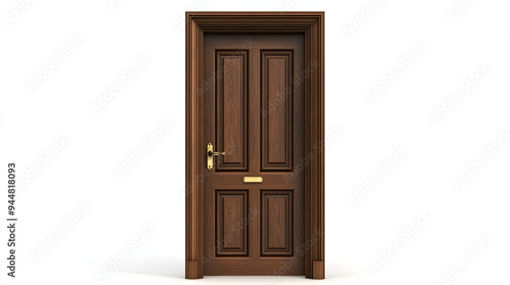 47. **A classic wooden door with raised panels and a brass handle, isolated on a pristine white background. 47. **A classic wooden door with raised panels and a brass handle, isolated on a pristine white background.