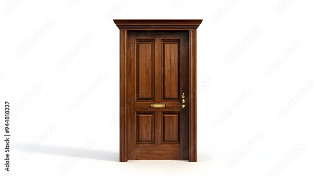 47. **A classic wooden door with raised panels and a brass handle, isolated on a pristine white background. 47. **A classic wooden door with raised panels and a brass handle, isolated on a pristine white background.