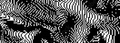 Dithered curved wavy texture. Black pixelated glitch lines background. Digitalized distorted backdrop for banner, poster, flyer, brochure, booklet. Abstract rasterized noise overlay wallpaper. Vector