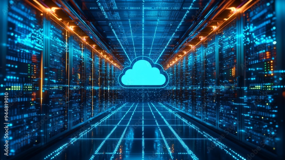 Fototapeta premium Optimized cloud virtualization environment, with energy-efficient virtual machines and green technology, focusing on sustainable virtualization solutions