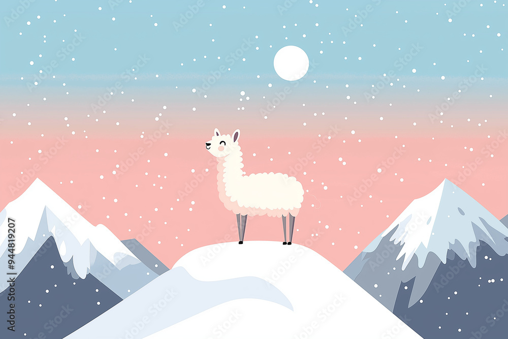 A cheerful llama stands on snowy mountain peak, gazing at serene landscape under pale moon. scene evokes sense of tranquility and wonder. A cheerful llama stands on snowy mountain peak, gazing at serene landscape under pale moon. scene evokes sense of tranquility and wonder.