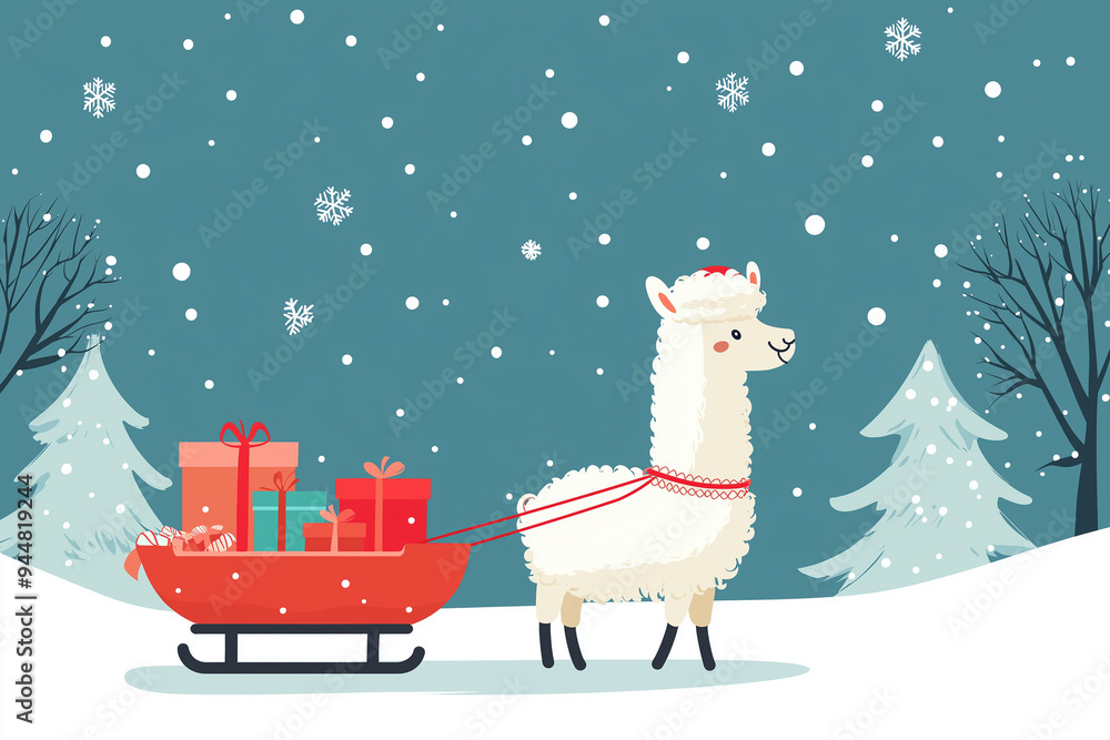 A cheerful llama pulls festive sleigh filled with colorful gifts through snowy landscape, evoking joyful holiday spirit. A cheerful llama pulls festive sleigh filled with colorful gifts through snowy landscape, evoking joyful holiday spirit.