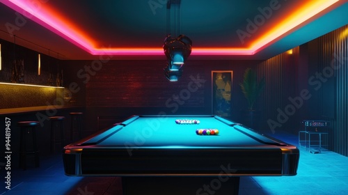 Neon-lit Pool Table in a Modern Bar Setting