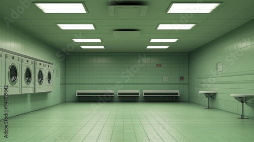 Hospital laundry room, large industrial washers, and dryers, under bright light