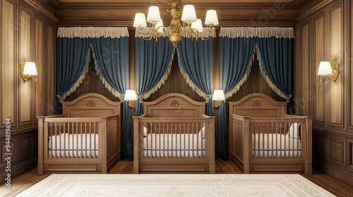 Hospital nursery, newborns in cribs, under soft, warm lighting photo