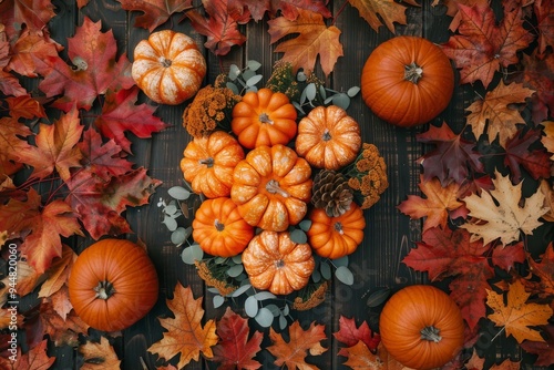 A vibrant autumn display featuring pumpkins and colorful leaves on a rustic wooden surface