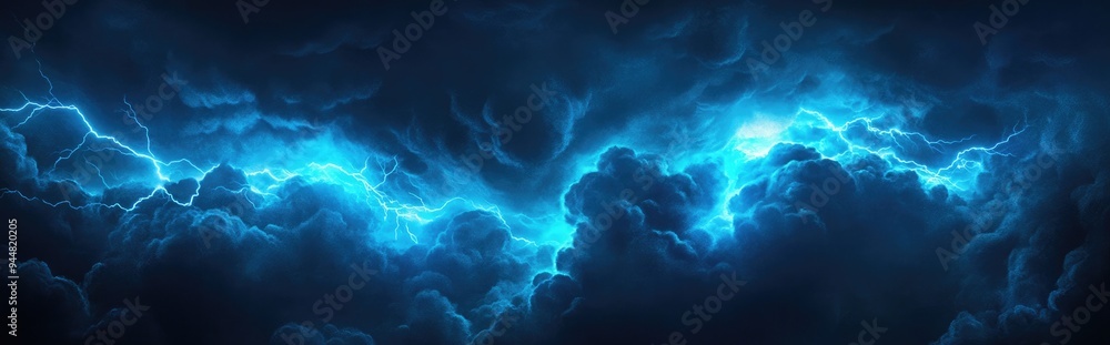 Fototapeta premium Brightly painted night sky with lightning and thunderstorm in a 3D cartoon rendering featuring a smokey texture illustration Light blue neon watercolor on a deep dark background with a paper textu