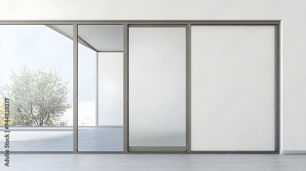 28. **A modern sliding door with frosted glass and a silver frame, displayed on a pristine white background.