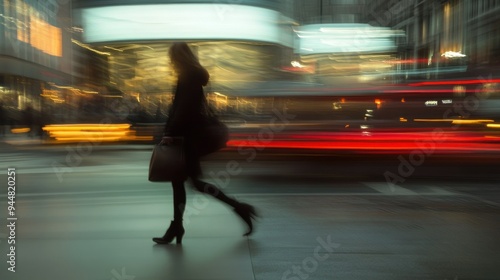 A Blurry Silhouette of a Woman Walking in a City at Night