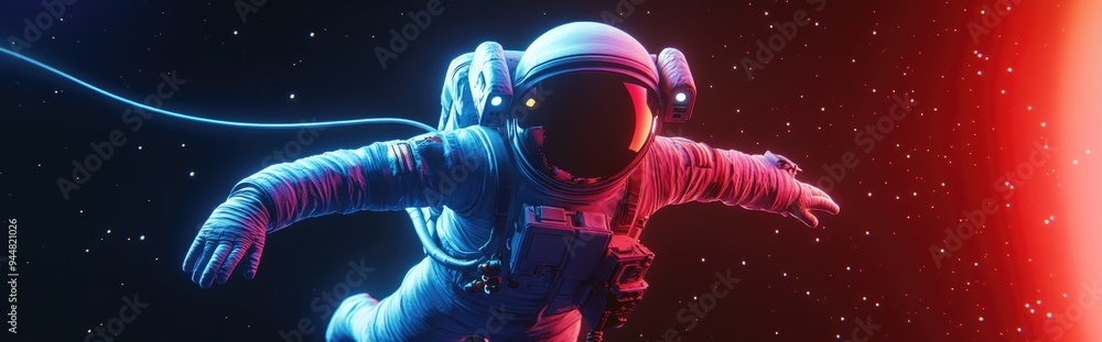 Astronaut flying in outer space with a safety tether isolated on a black background in 3D cartoon rendering Astronaut flying in outer space with a safety tether isolated on a black background in 3D cartoon rendering