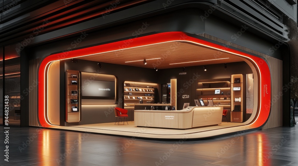 Modern Retail Store Interior Design with Red Neon Sign and Wooden Furnishings Modern Retail Store Interior Design with Red Neon Sign and Wooden Furnishings