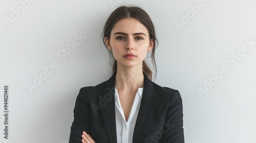 Young Woman in a Black Blazer and White Shirt, Looking Straight Ahead