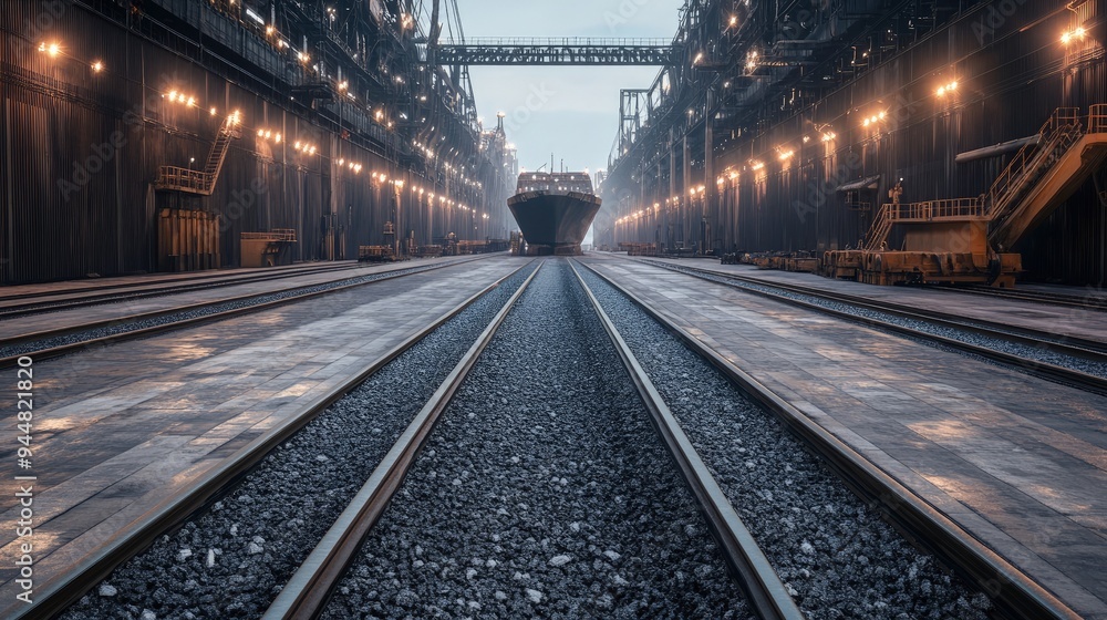Iron ore being loaded onto a ship, industrial scene, under harsh light Iron ore being loaded onto a ship, industrial scene, under harsh light