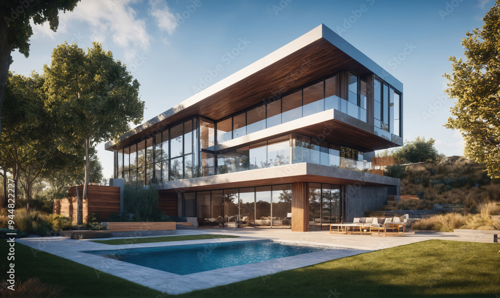 A modern home with a swimming pool sits on a grassy hillside with trees in the background A modern home with a swimming pool sits on a grassy hillside with trees in the background